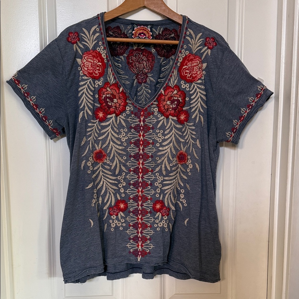 Embroidered Floral V-Neck Top - Blue and Red